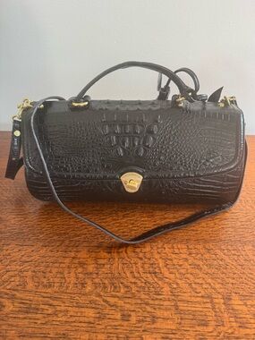 Brahmin Black Croc-Embossed Barrel Bag with Crossbody Strap